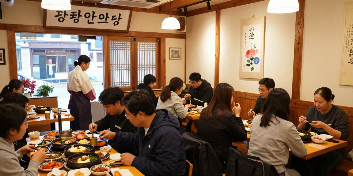 Interior view of 상봉동 한국관 with patrons enjoying traditional Korean dishes in a warm atmosphere