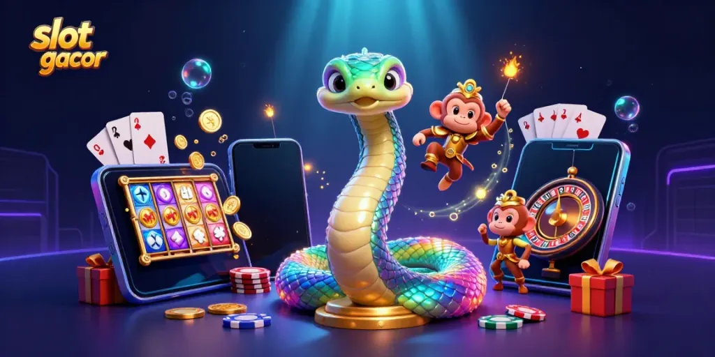 Experience slot gacor with a vibrant scene featuring rainbow serpent, monkey king, and dynamic gambling elements.