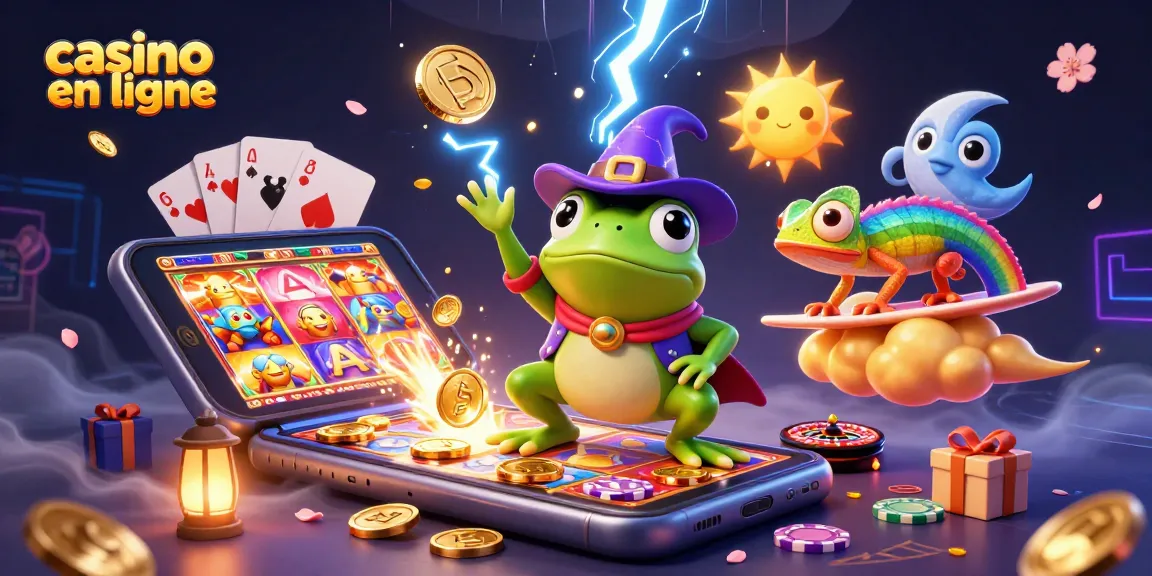 Profitez du casino en ligne avec une illustration dynamique de personnages de jeu animés et des éléments colorés.