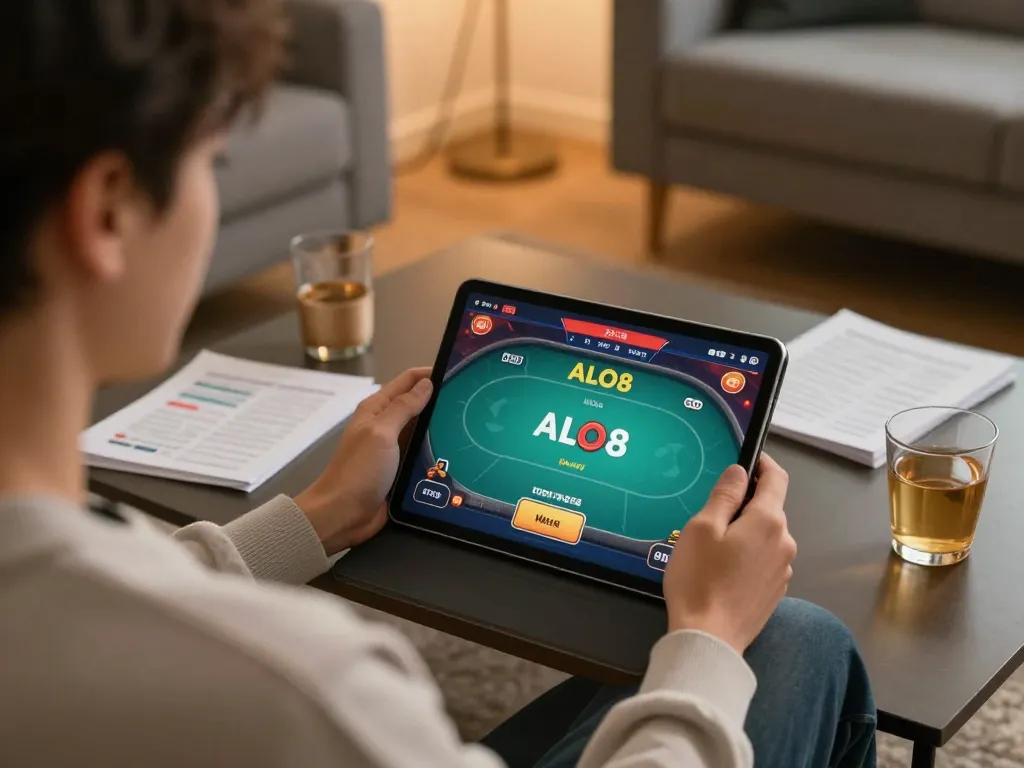 Engaging player uses ALO8 on tablet in cozy home, emphasizing strategic online gambling experience.