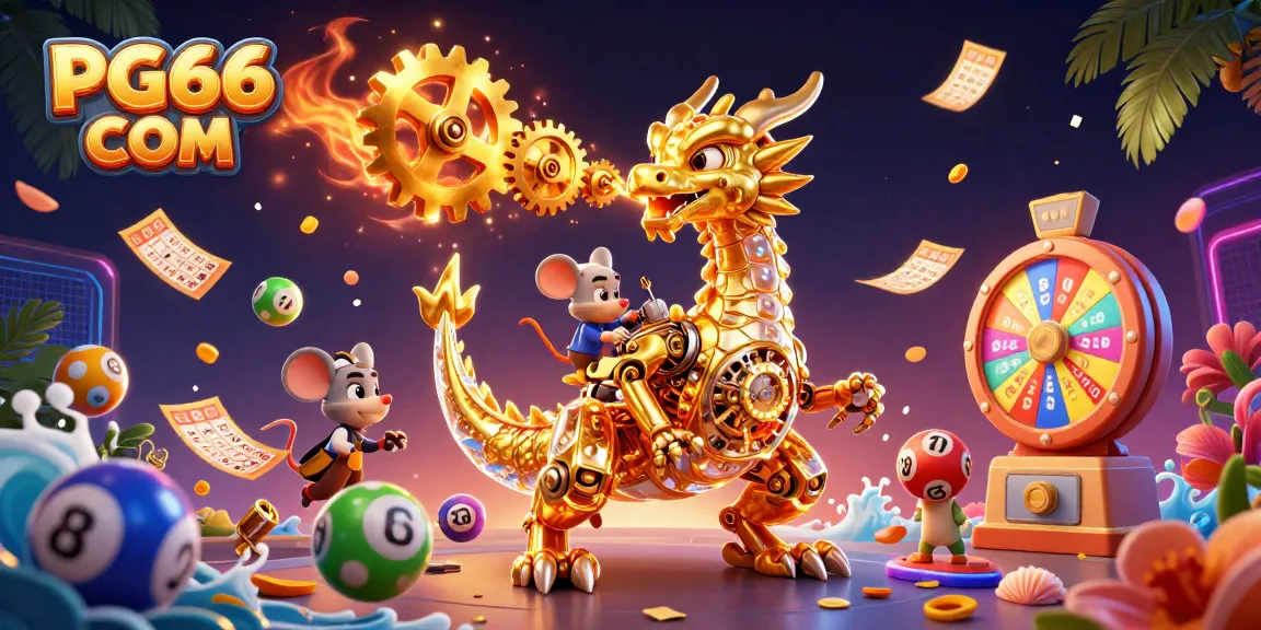 Experience thrilling wins at PG66 COM with a 3D dragon and vibrant lottery elements.