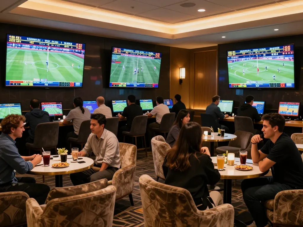 Engaged patrons placing winning bets on pajaktoto game in vibrant sports betting lounge.