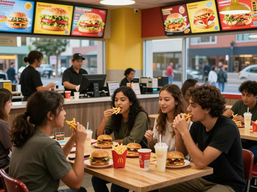 Fast food menu with friends enjoying burgers and fries in a lively restaurant.