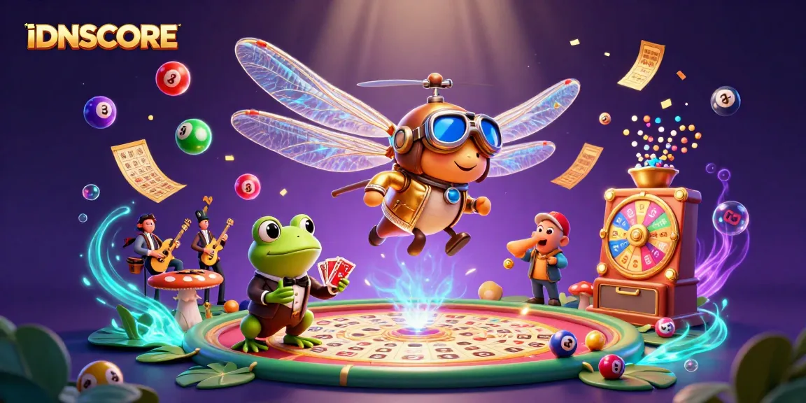 Experience IDNSCORE's vibrant casino atmosphere with a dragonfly pilot, frog croupier, and lively music in this dynamic gaming scene.