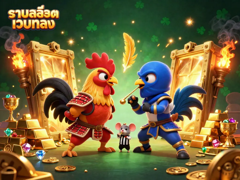 Engage with รวมสล็อตเว็บตรง showcasing dynamic roosters in a vibrant casino-themed scene.