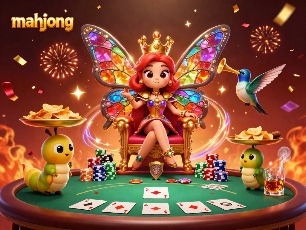 Experience Mahjong action with vibrant characters at a poker table amidst celebration confetti.