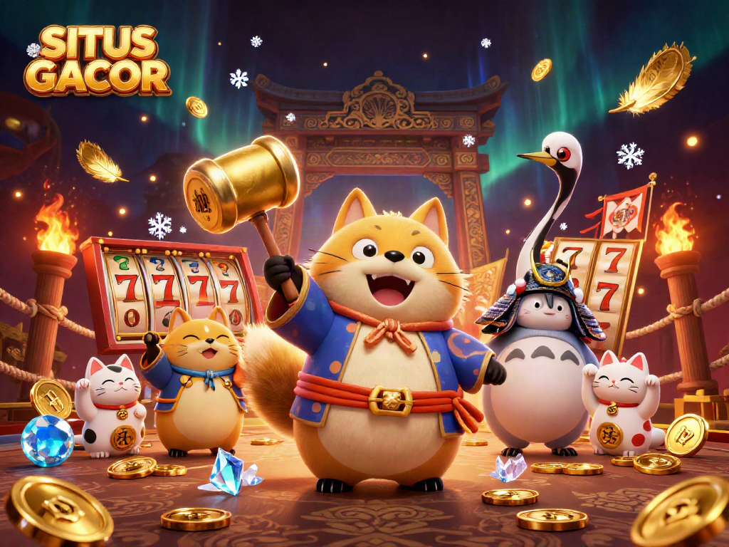 SITUS GACOR showcases a vibrant 3D illustration of a joyful tanuki and samurai crane in a colorful casino setting.