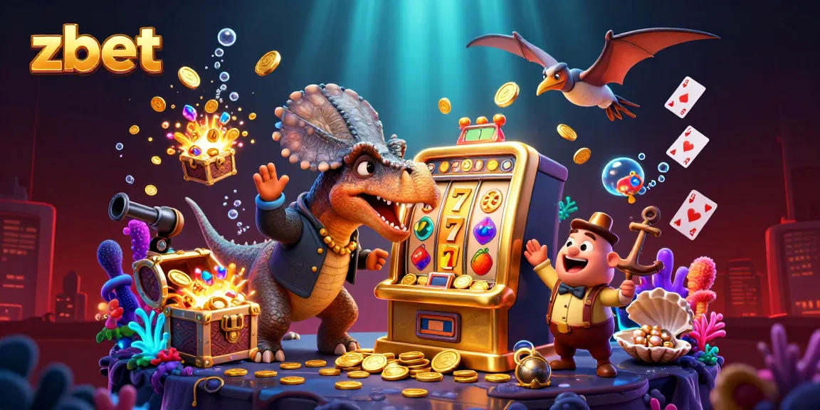 Experience zbet's exciting jackpot scene with cartoon dinosaurs and flying coins