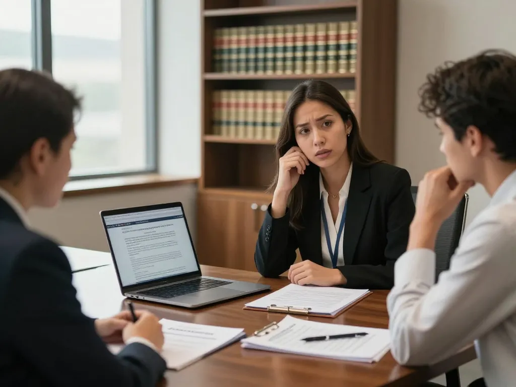 Alexandria Personal Injury Lawyer consulting with a concerned client in a warm office environment with legal documents and supportive atmosphere.