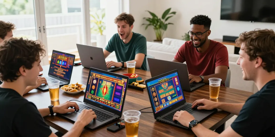 Players enjoying the excitement of slot dana online slots in a cozy home setting, showcasing vibrant game interfaces and expressions of thrill.