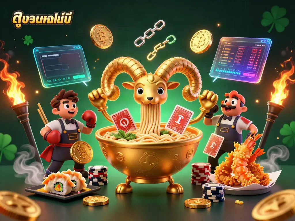 Engage with ดูบอลออนไลน์ through a vibrant 3D illustration of a golden ramen bowl character dealing cards and stacked chips amidst crypto-themed elements.