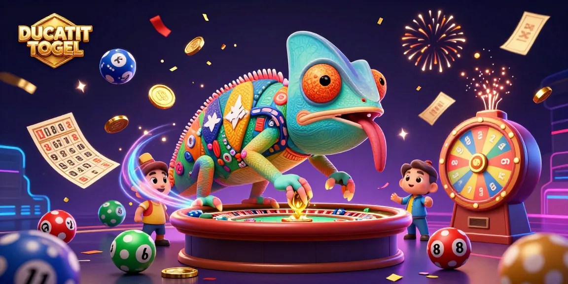 Engage in exciting gaming with DUCATITOGEL, featuring vibrant lottery elements and a playful chameleon.