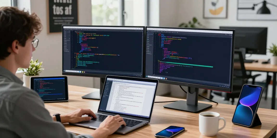 Developer optimizing the 纸飞机中文版 app in a modern tech workspace with dual monitors.