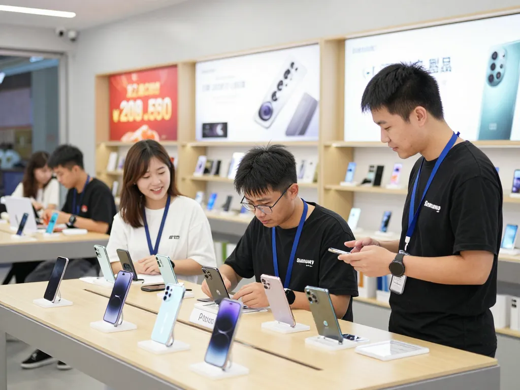 Engaged customer exploring the best mobile sale point at a vibrant mobile store with staff assistance.