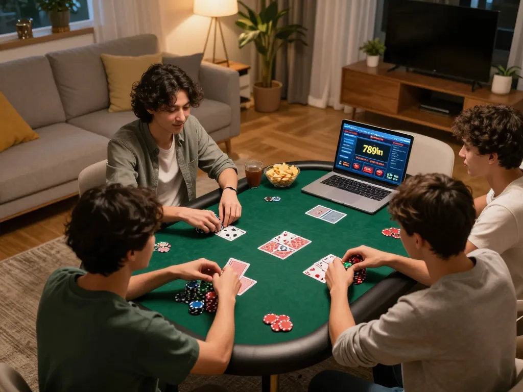 Friends enjoying an online poker night with 789win while analyzing their strategies at home.