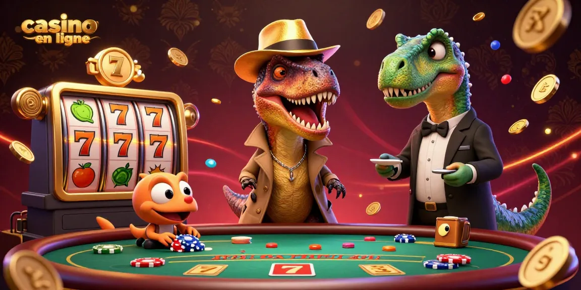Jouez au casino en ligne avec des personnages 3D interactifs autour d'une table de blackjack, des machines à sous et des symboles colorés.