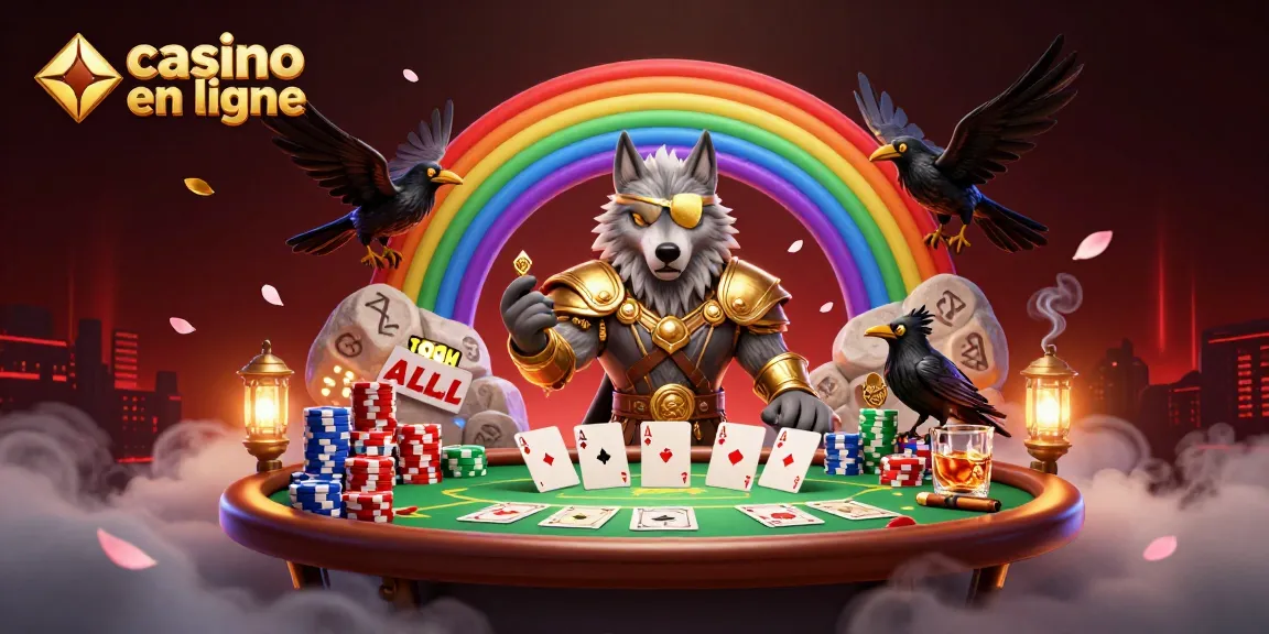 Plongez dans l'univers dynamique du casino en ligne avec cette illustration captivante intégrant Odin et ses corbeaux, des jetons de casino et plus encore.