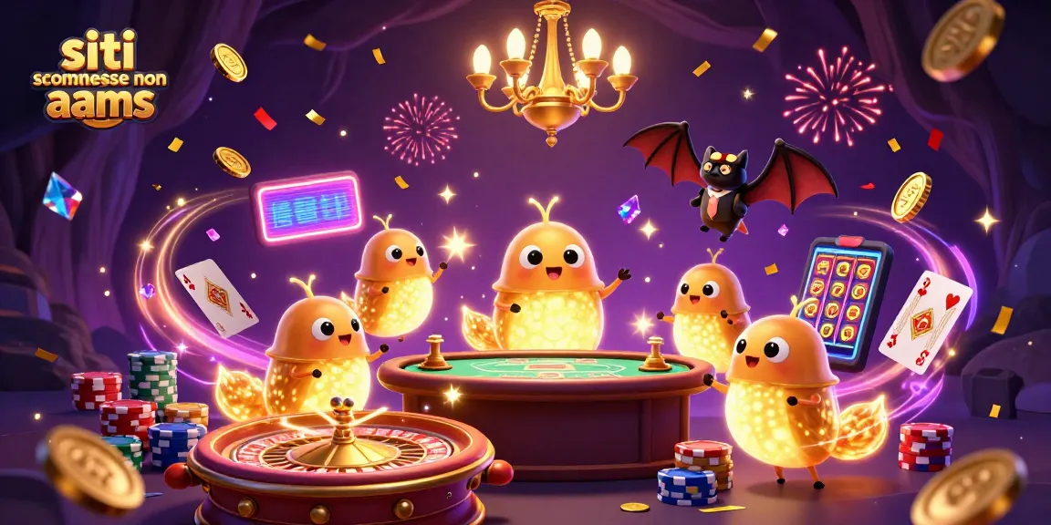 Illustrazione di casinò con "siti scommesse non AAMS" nel mondo dei giochi d'azzardo, piena di attività e luci.