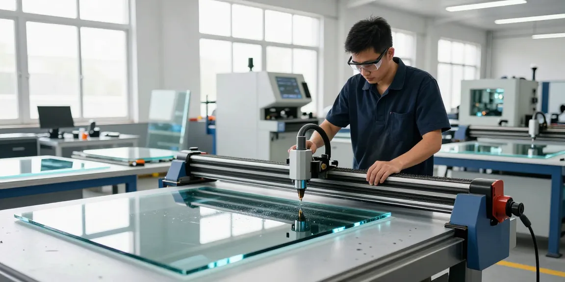 Technician using a glass cutting table in a bright glass processing workshop