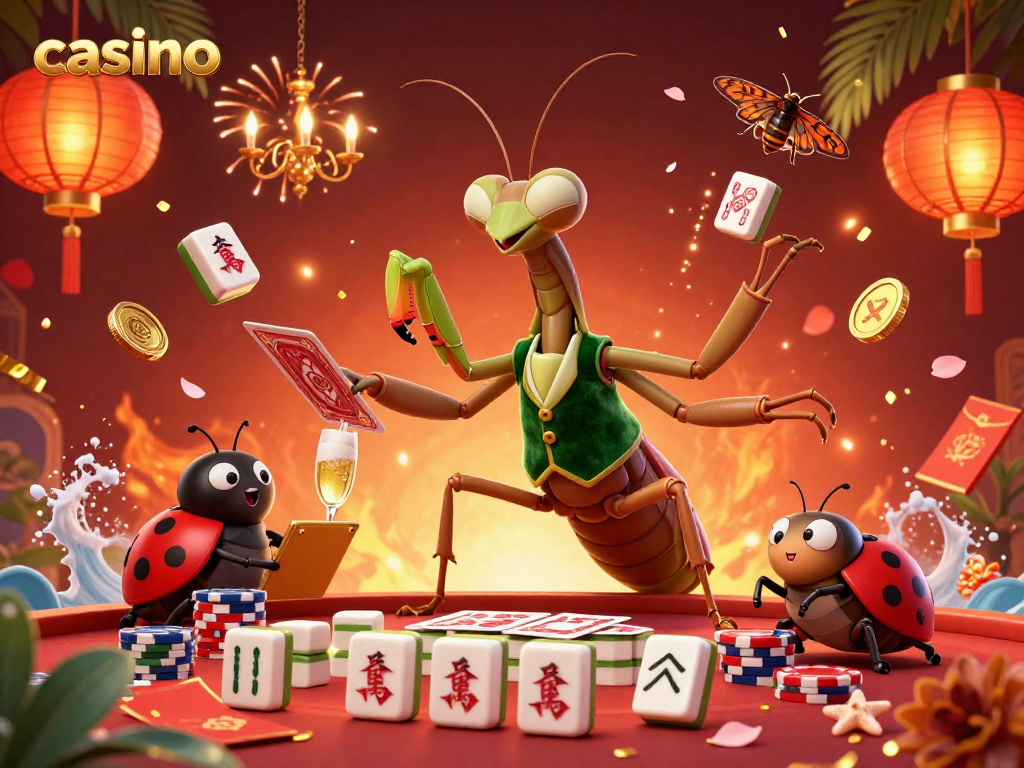 Engaging casino scene with a giant mantis card sharp, ladybug pit boss, and vibrant game elements.