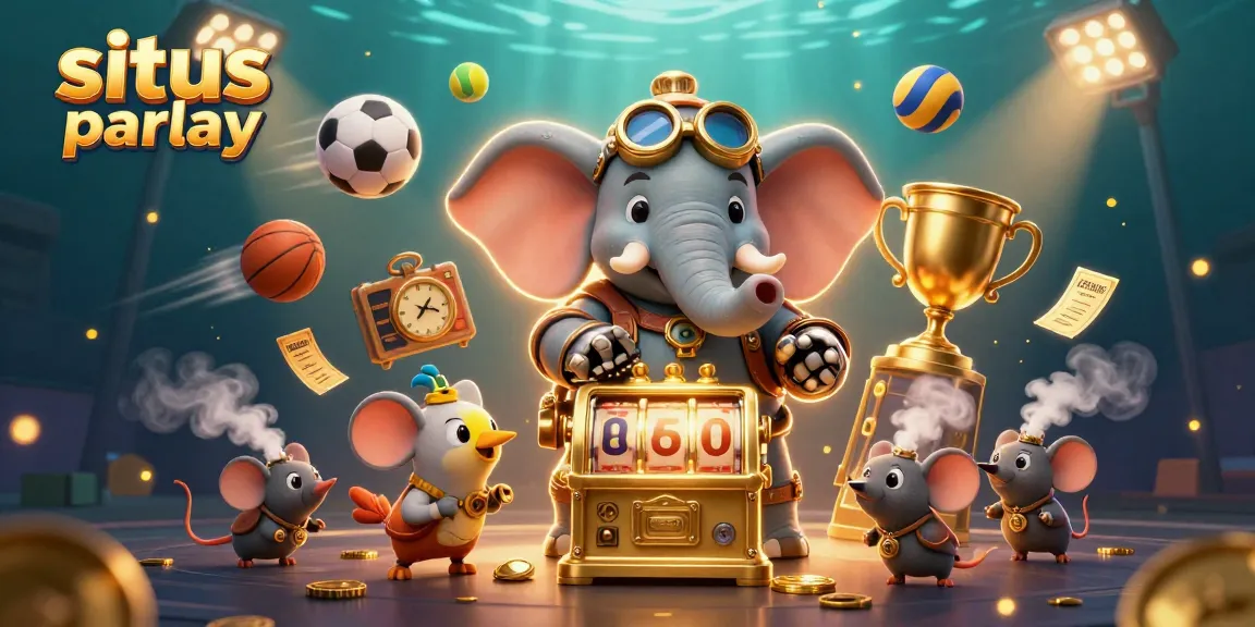 Engage in situs parlay betting as a steampunk elephant operates a golden slot machine with dynamic sports elements.