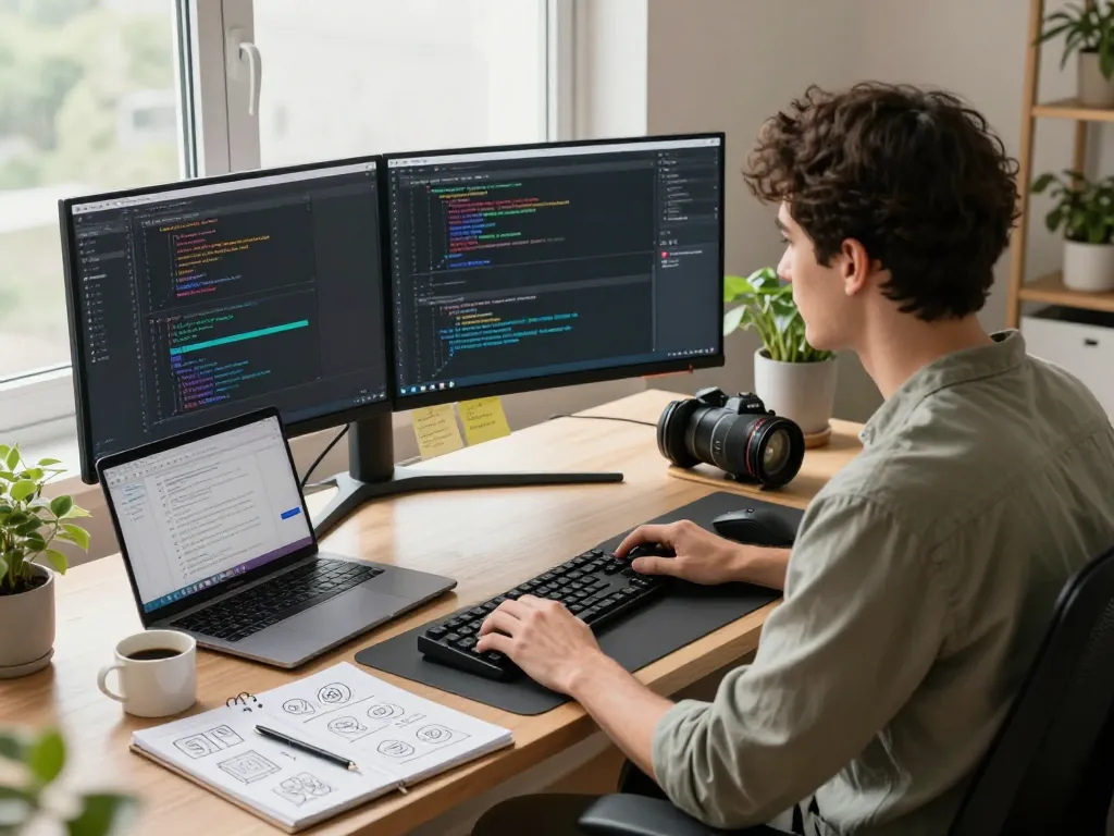 Developer using OpenClaw in a modern workspace with tech gadgets and natural light