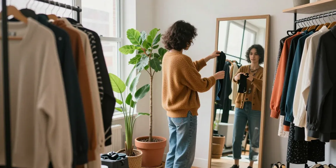 Scena di consulenza moda con guardaroba capsule: persona che esplora outfit in un ambiente luminoso e accogliente.