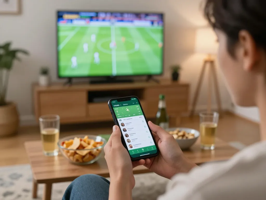 Xoilac sports betting action with a smartphone app in hand, enjoying football match at home