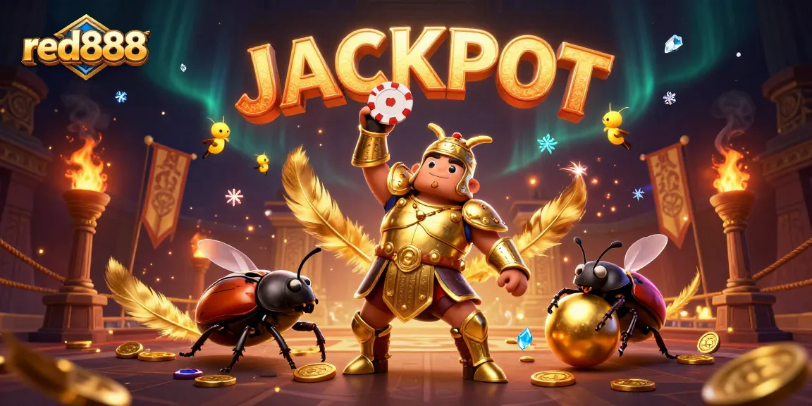 Experience the excitement of red888 with a victorious beetle raising a poker chip in the casino arena.