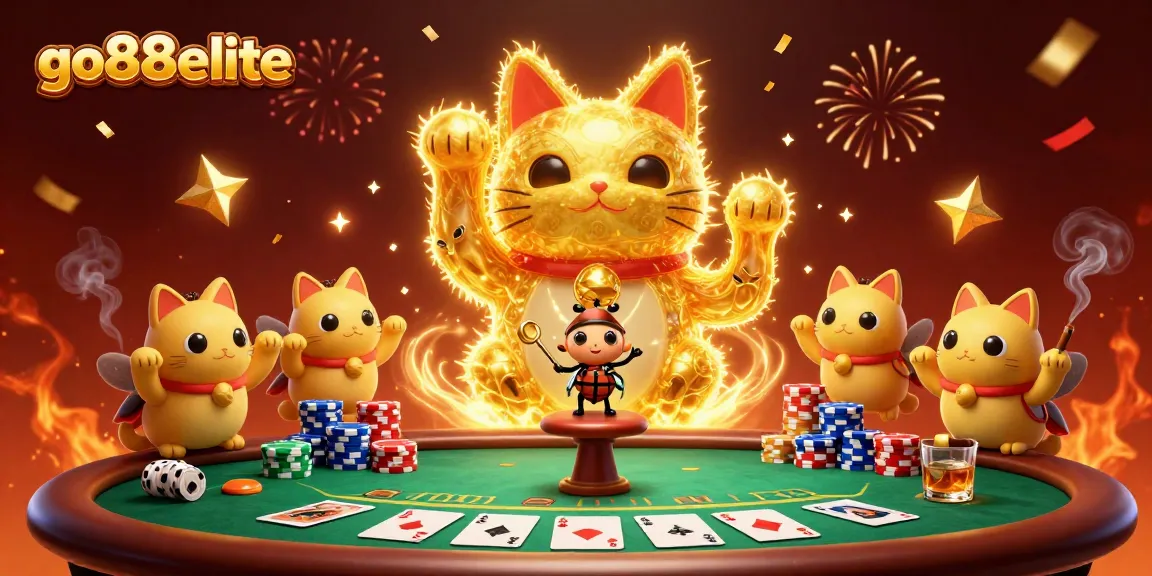 Engage with go88elite's vibrant casino scene featuring a lucky cat and poker elements for thrilling action.
