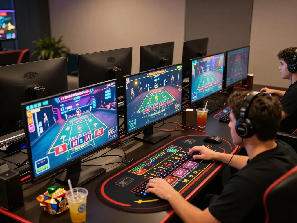 Player engaging in online gaming at HAY88x live dealer table with vibrant screens
