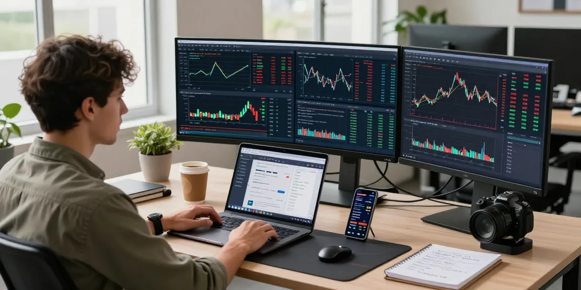 Optimized US stock fundamental data API workspace with developer analyzing real-time market data and financial charts.