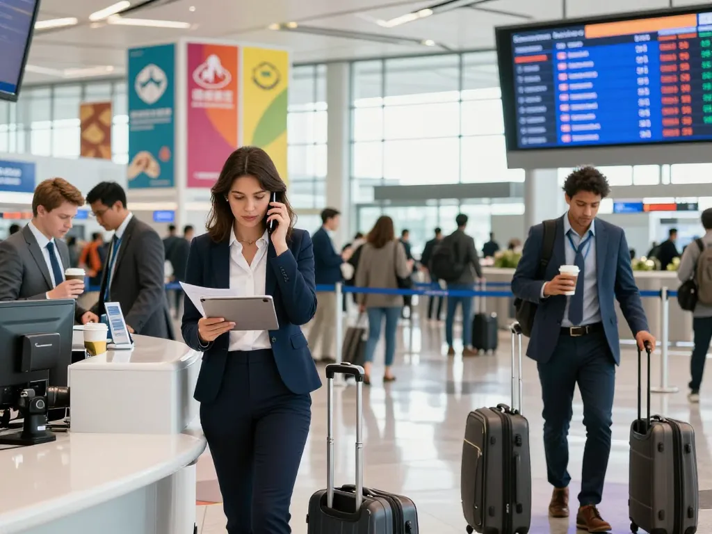 Business travelers preparing for a 출장 at a bustling airport terminal with vibrant activity.