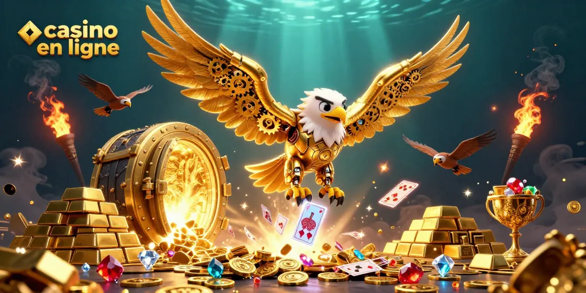 Venez découvrir casino en ligne avec un aigle cybernétique plongeant à travers des cartes de jeu holographiques.