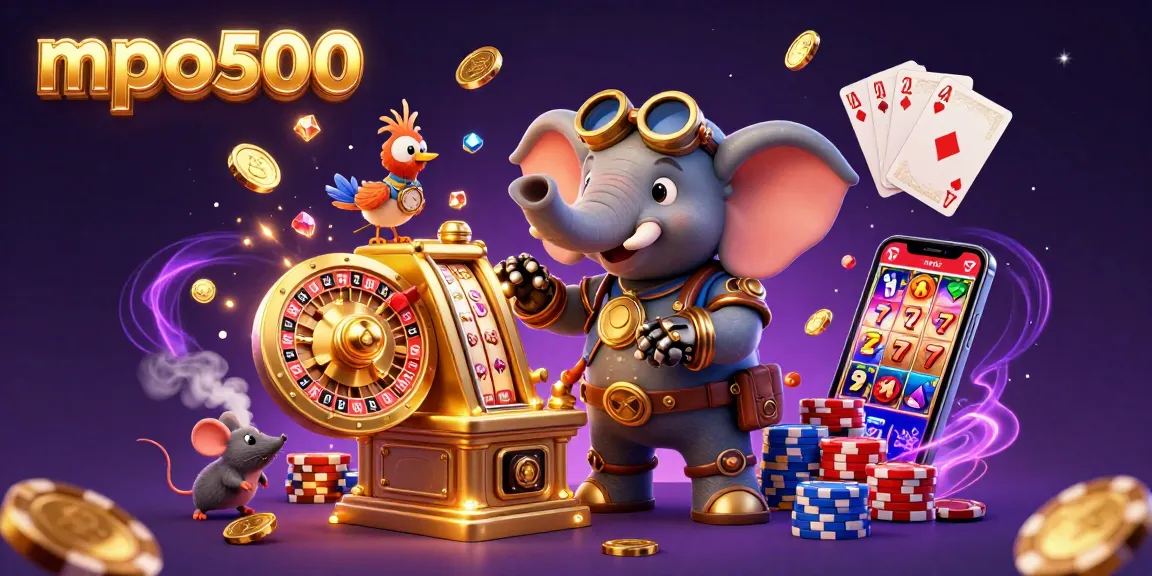 MPO500 offers an engaging 3D illustration featuring a steampunk elephant at a golden slot machine, capturing the excitement of online gambling.