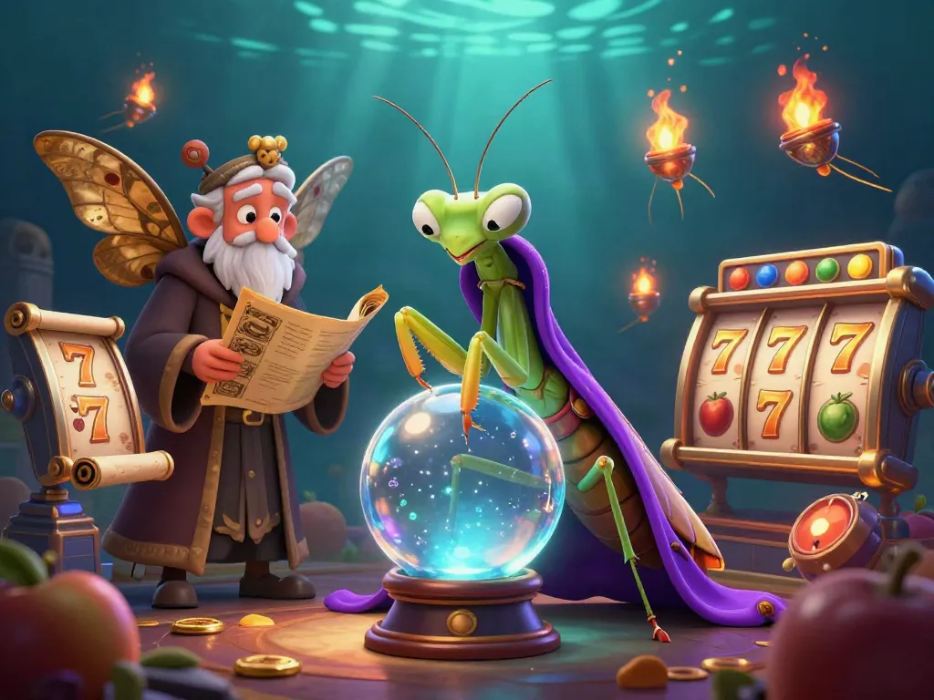 Slot gacor dengan karakter unik dan simbol keberuntungan, ilustrasi kasino.