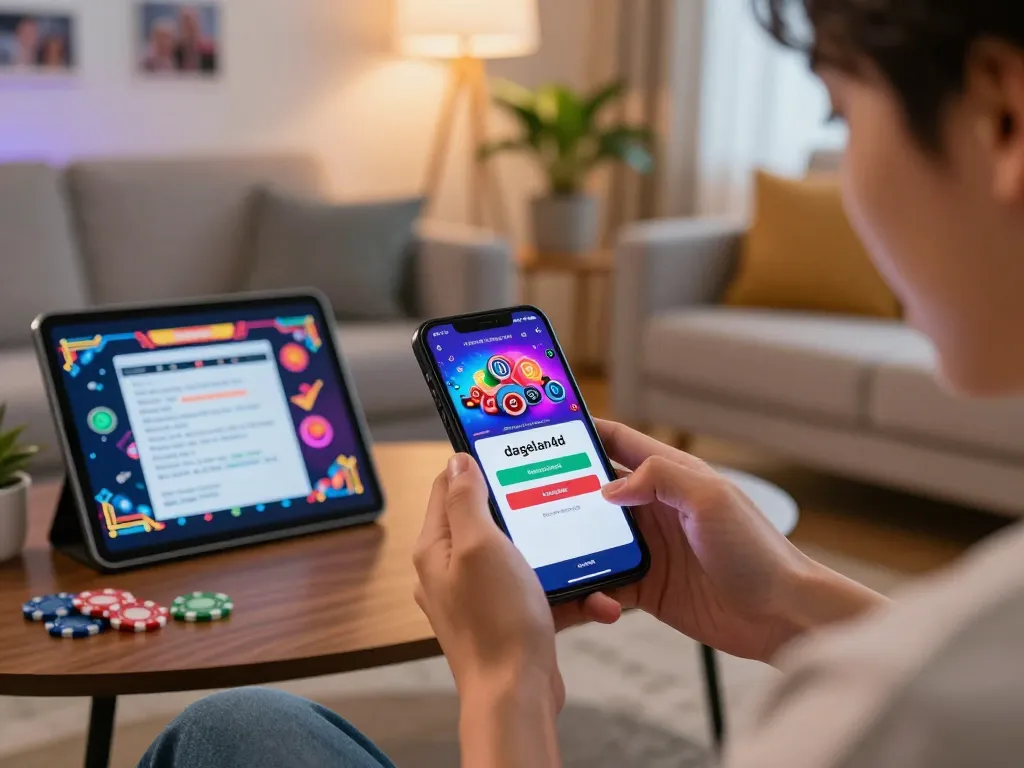 Engaging in casino gameplay with dagelan4d login on a smartphone in a cozy living room.
