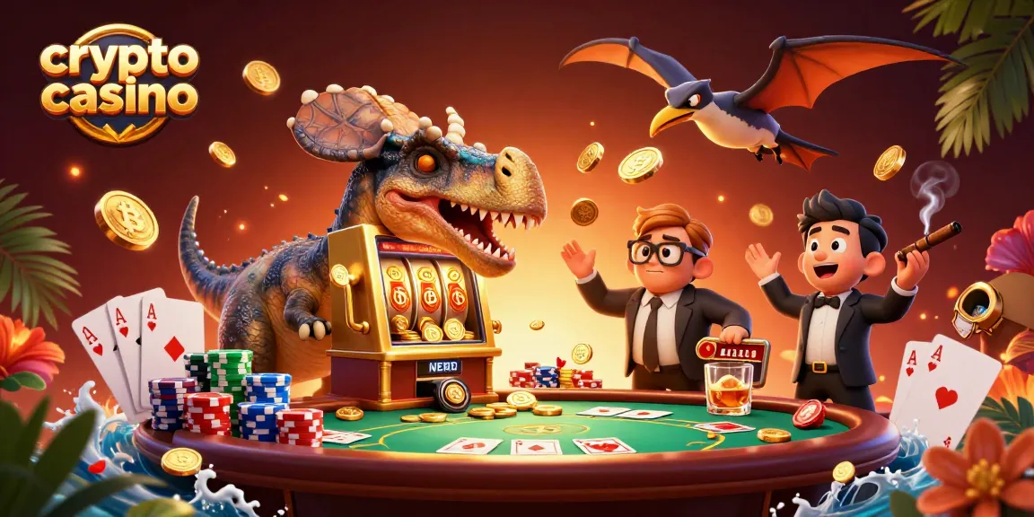 Célébrez le jeu au crypto casino avec un diplodocus interagissant avec une machine à sous dorée.