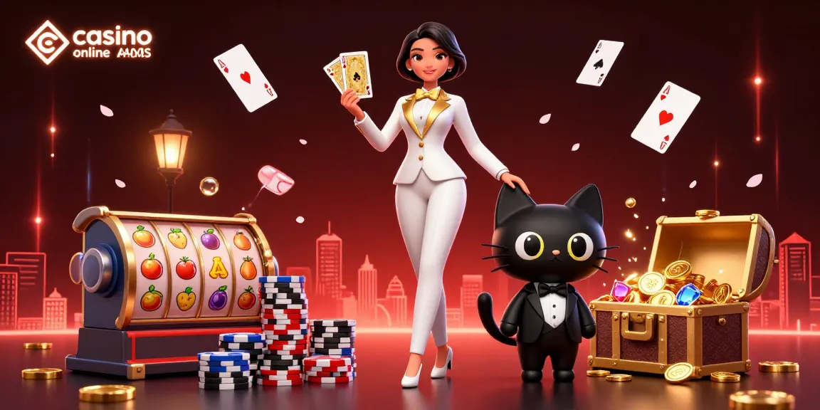 Scena coinvolgente di un casinò online non AAMS con un dealer glamour e un gatto stravagante, elementi di gioco colorati sparsi.