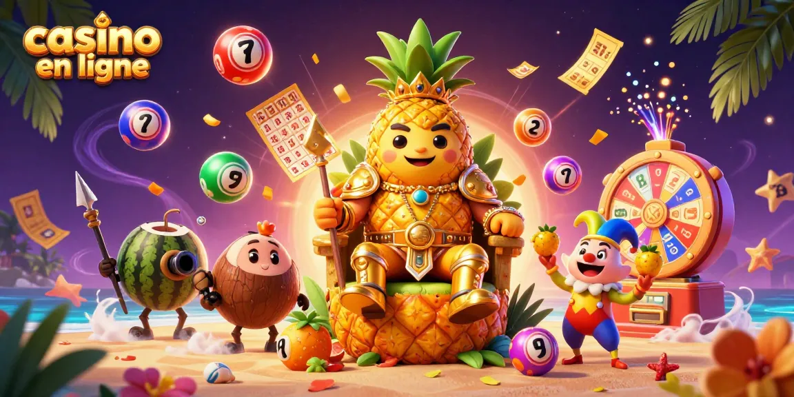 Plongez dans le monde du casino en ligne avec cette illustration dynamique représentant un roi ananas entouré de jeux et de gains.