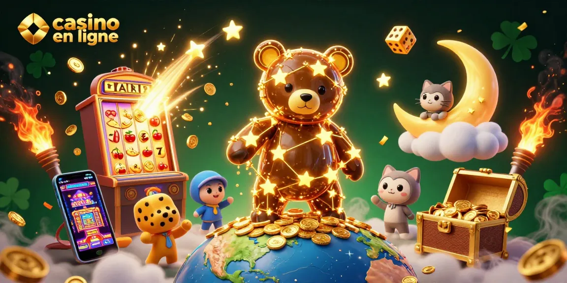 Découvrez le casino en ligne avec une scène magique incluant un ours constellation, un chat lunaire et des éléments de jeu lumineux.