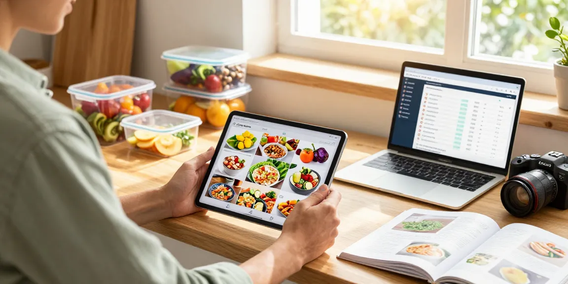Engaged user analyzing best food tracking apps in a bright kitchen filled with healthy ingredients.