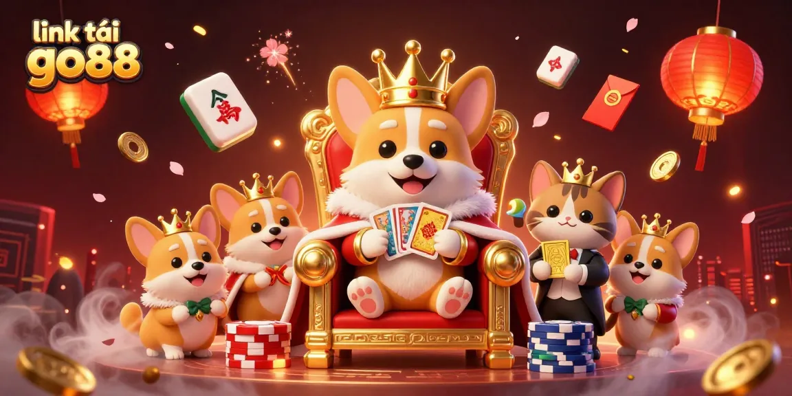 Engage with the thrill of link tải go88 through a vibrant 3D illustration featuring a royal corgi and dynamic casino elements.