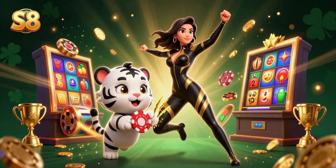 Spin and win big with S8 slots, where a stunning woman and a playful tiger bring excitement and fortune.