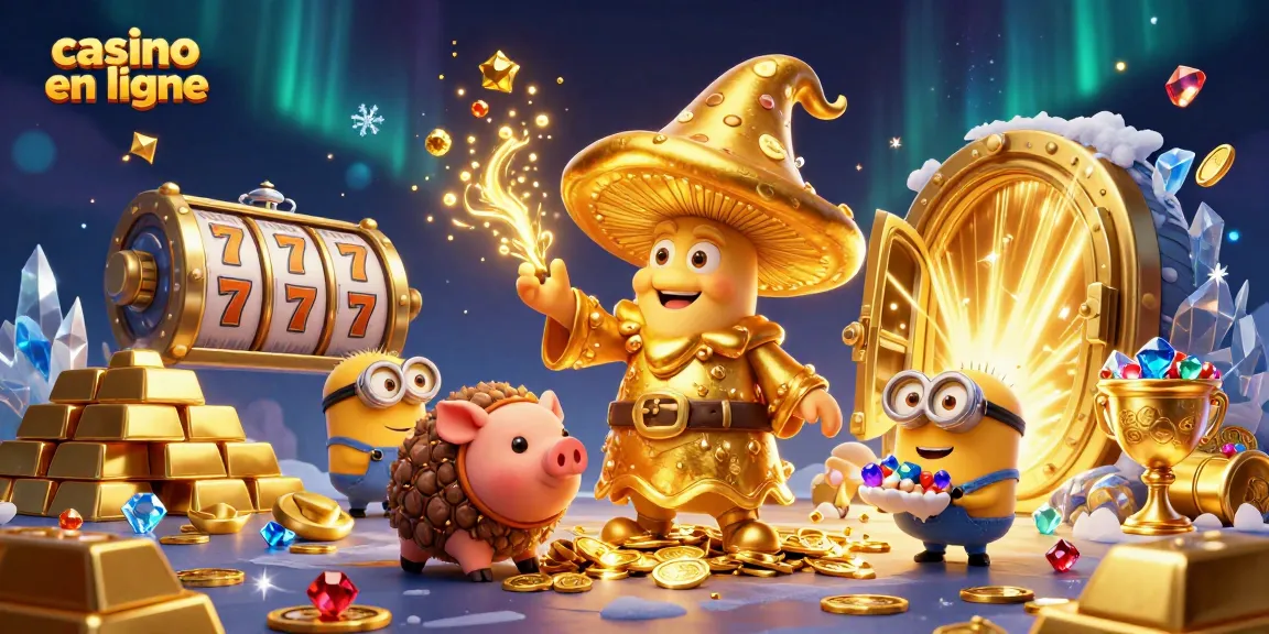Illustration d'un casino en ligne avec un sorcier, un cochon truffier et des pièces d'or, créant une ambiance magique.