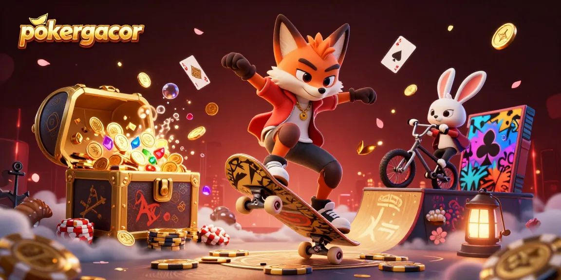 Watch pokergacor come alive as a cartoon fox performs tricks over golden poker chips in a vibrant casino-themed scene.