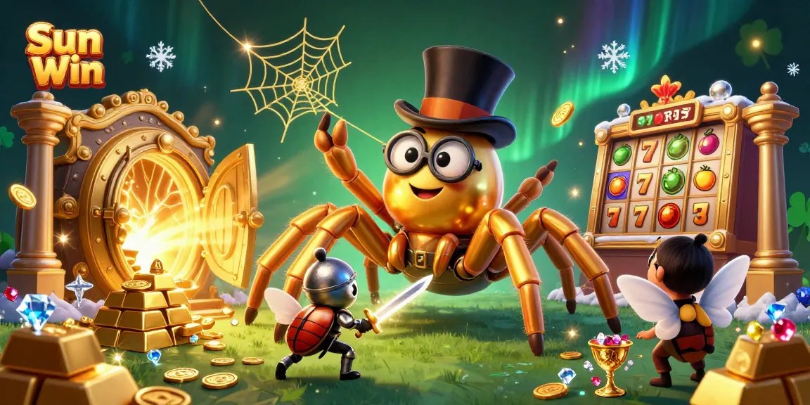 Engage with Sun Win's dynamic casino scene featuring golden tarantulas and jackpots.