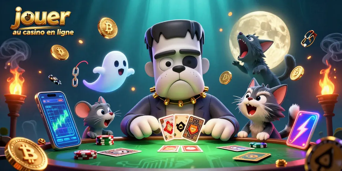 Jouer au casino en ligne avec le bulldog Frankenstein et des éléments de jeu animés.