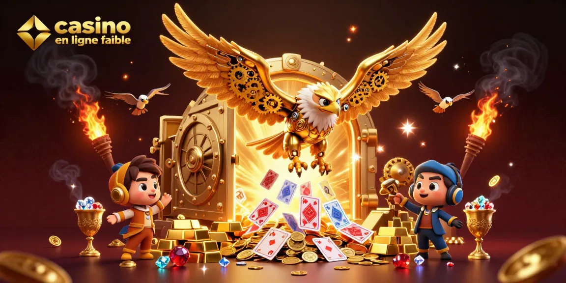 Jouer au casino en ligne fiable avec des cartes holographiques et un aigle cybernétique illuminé par de l'or.