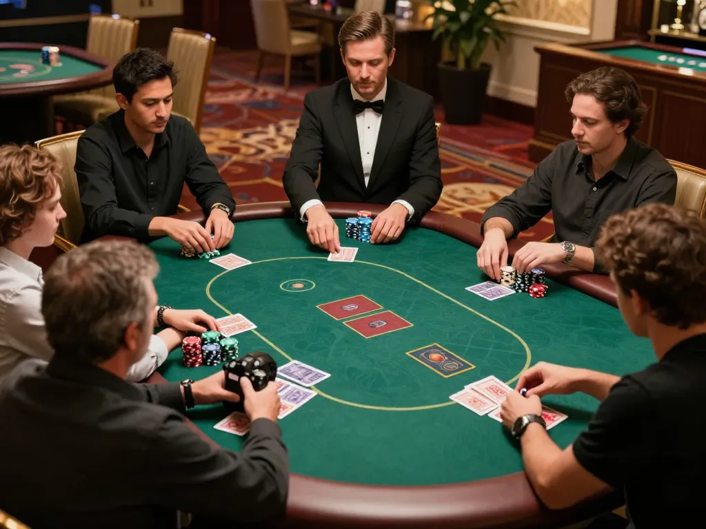 sunwin players engaged in strategic poker game at casino table, colorful chips and dealer in elegant setting